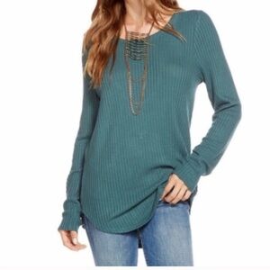 CHASER Casual winter pine Long Sleeve Waffle Thermal laidback Tunic Sweater Top